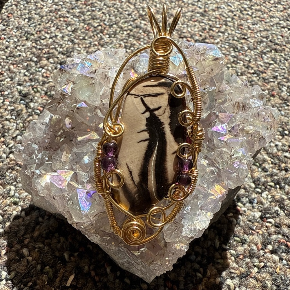 The Salem Witch- One of a kind Hand-cut Stone, 18kt Wire Wrap Pendant